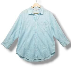 Casacabana 100% Cotton Blouse Top Womens Small‎ Turquoise White Button Front